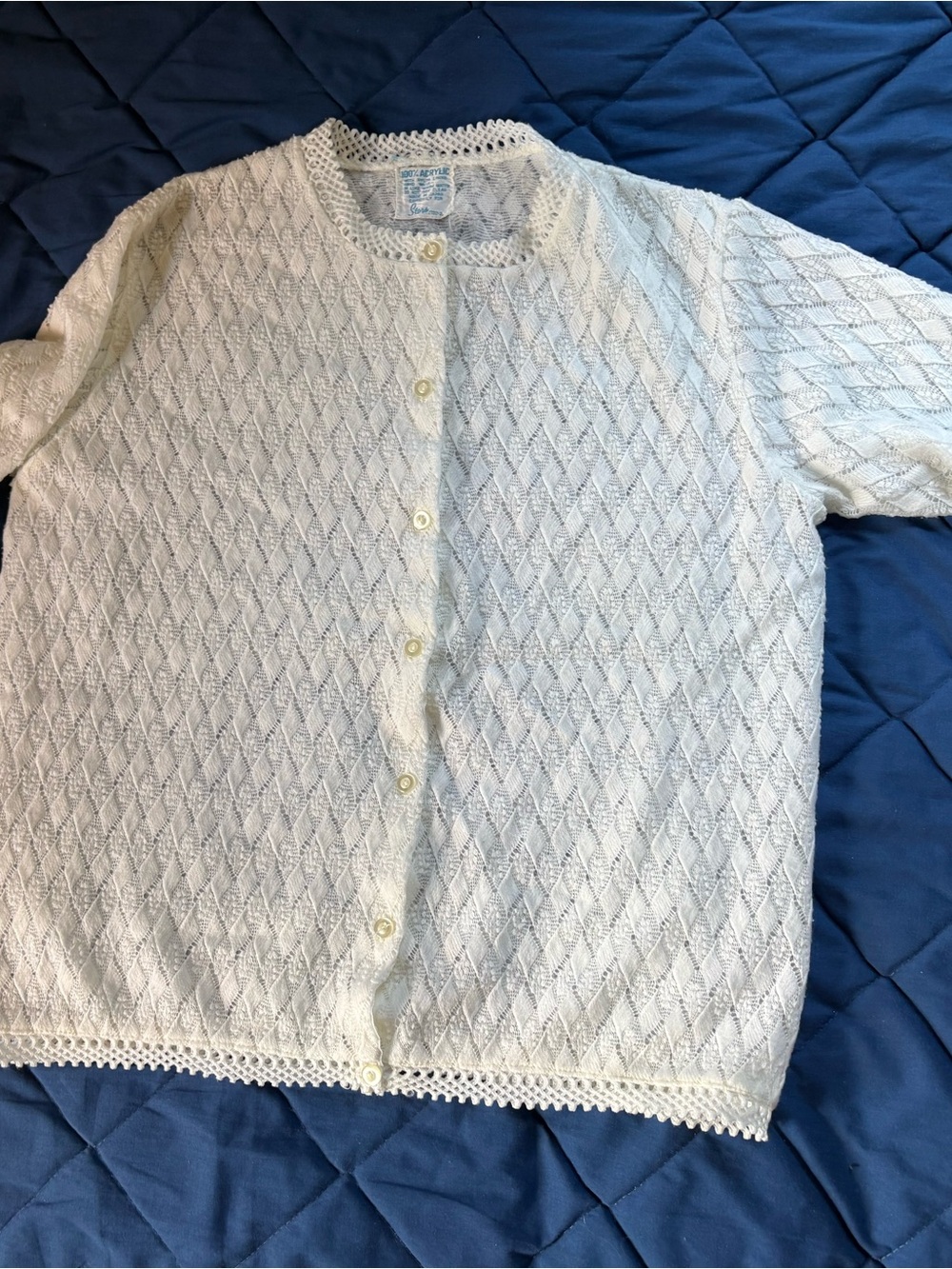 Women’s White Cardigan S Sweater Lace crochet vintage grandma core Librarian